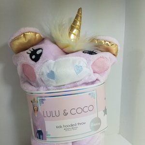 Lulu and Coco Unicorn Soft Plush Kids Hooded throw 40" x 50" Robe Hood Blanket